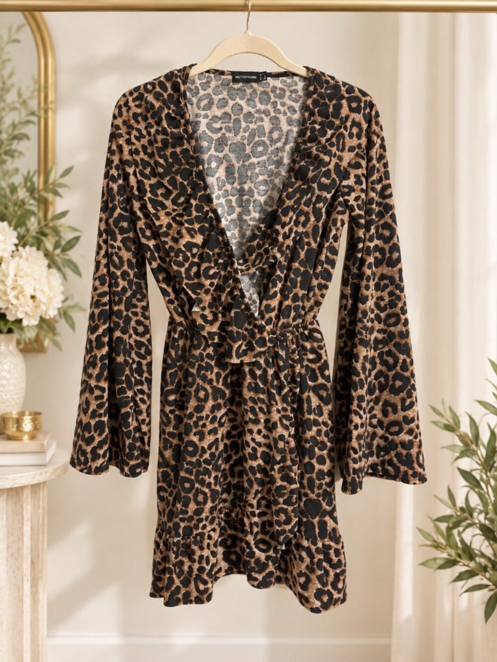 PrettyLittleThing Chocolate Brown Leopard Frill Wrap Tea Dress US 6